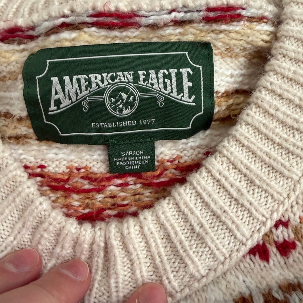 American Eagle Outfitters Cream Sweater with Red and Brown Pattern